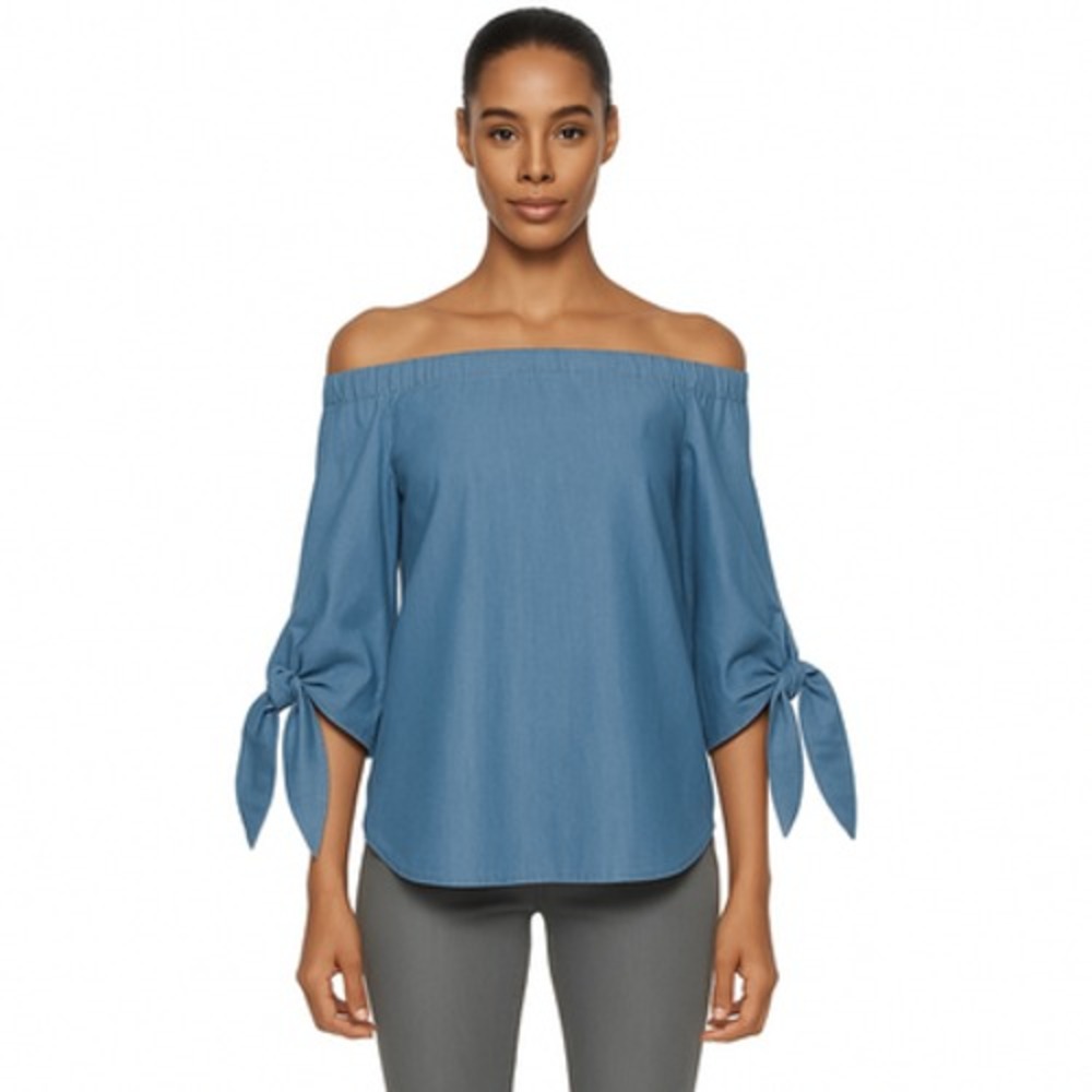 Club Monaco Sophiya Top Womens 0 Light Denim Blue Off Shoulder Tie Sleeve Blouse